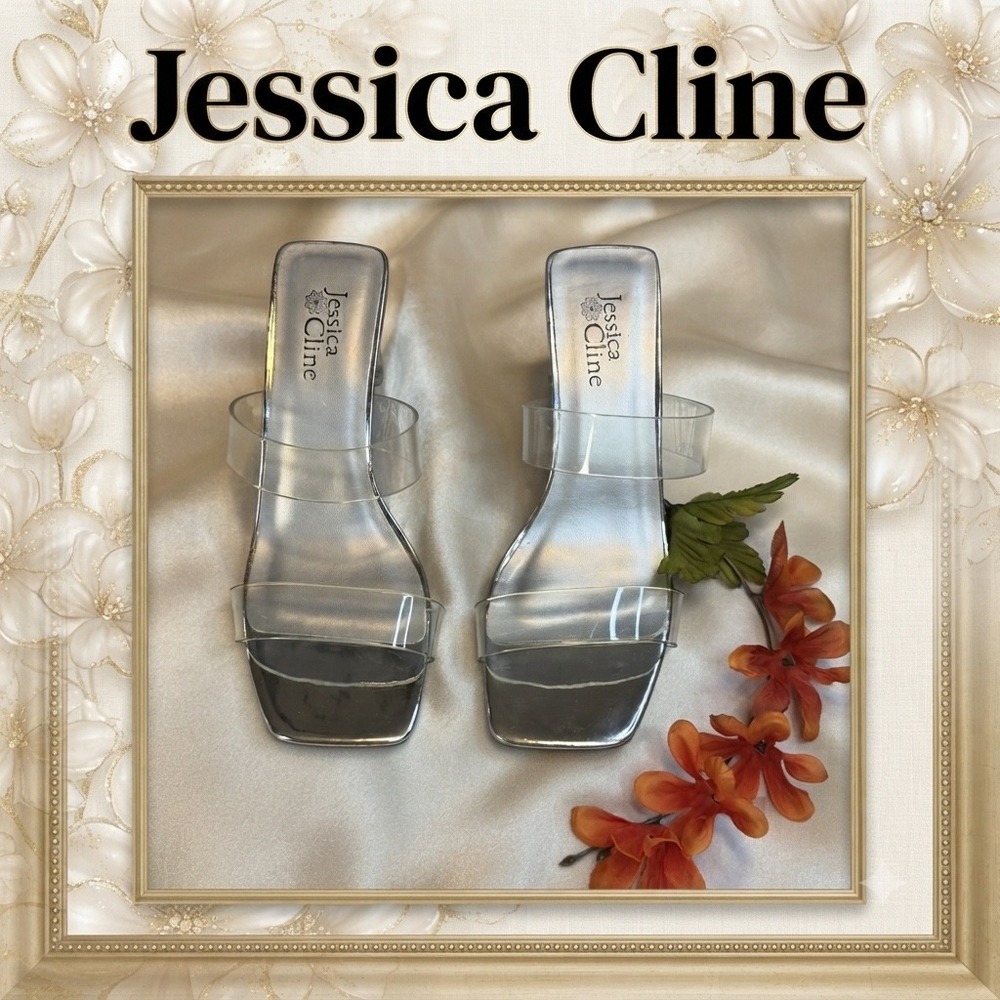Jessica Cline Silver Metallic Clear Strap Block Heel Slide Sandals Square Toe 7